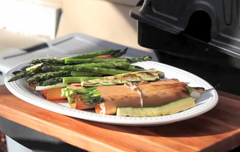 Grilled Salmon And Veggies In Cedar Paper