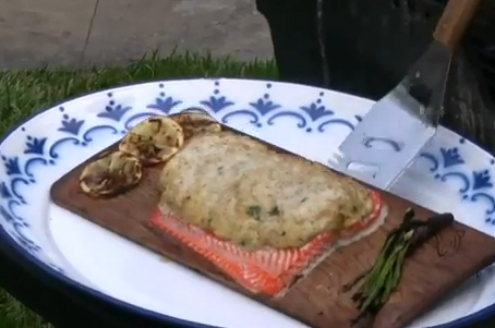 Grilled Salmon With Crab Salad On Cedar Plank