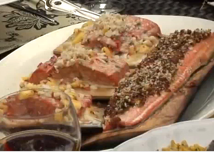 Chorizo Topped Cedar Planks And King Salmon With Mango Nut Sauce